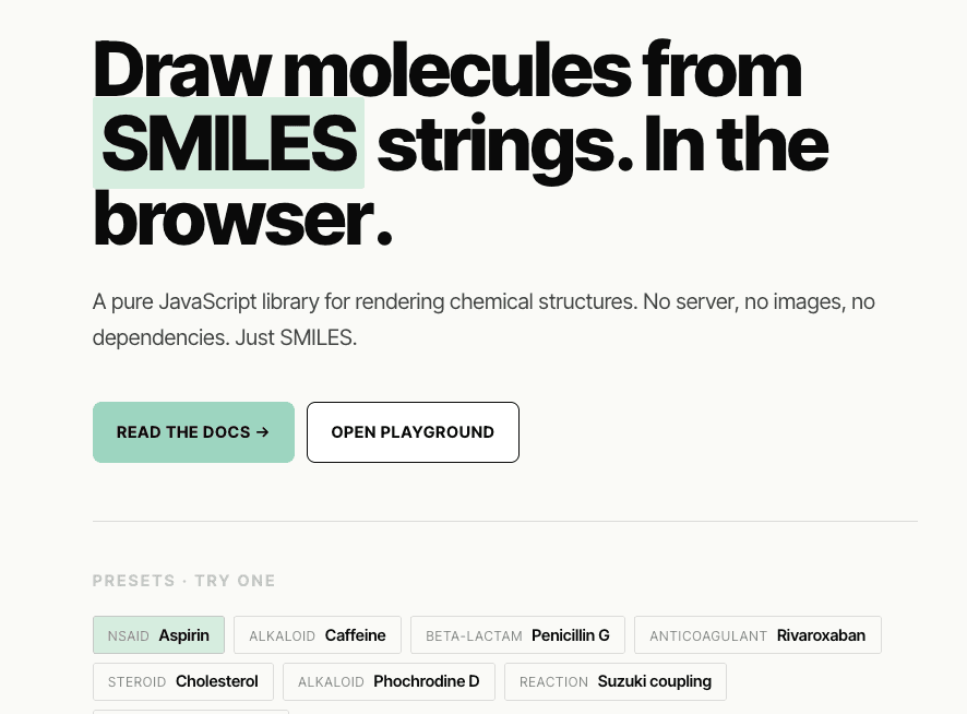 Aspirin rendered live by SmilesDrawer.